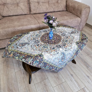 Silk Termeh Tablecloth: Lapis Lazuli Paisley Design, Persian Art (100x100cm)