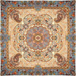 May include: A square patterned fabric with a cream background and a blue, orange, and brown paisley design. The fabric has a repeating pattern of floral and paisley motifs.