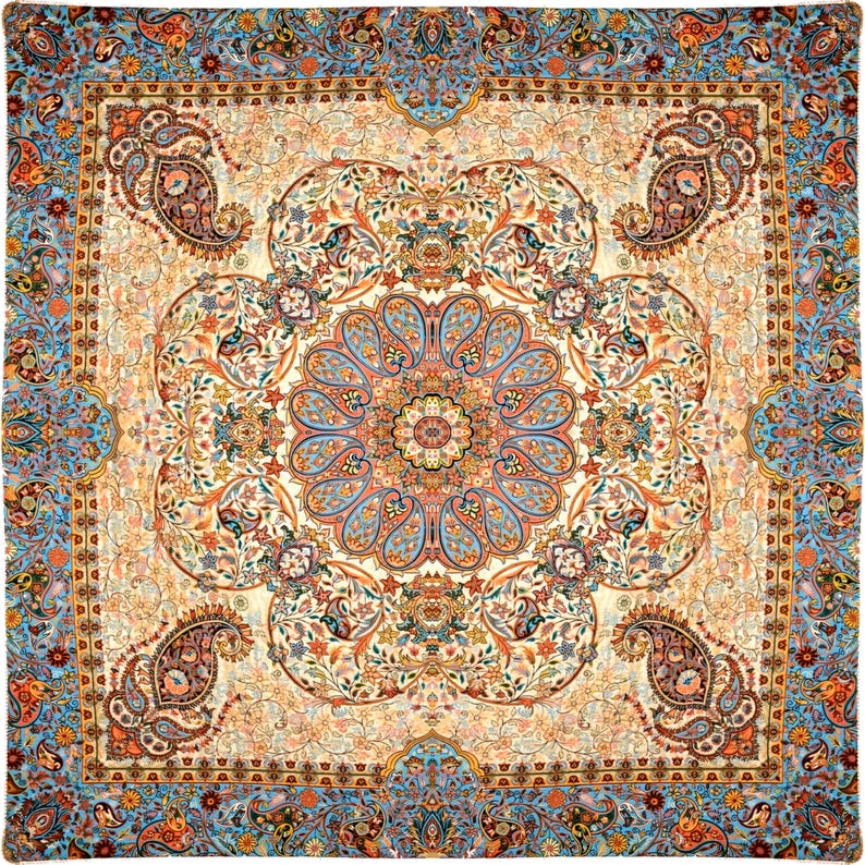 May include: A square patterned fabric with a cream background and a blue, orange, and brown paisley design. The fabric has a repeating pattern of floral and paisley motifs.