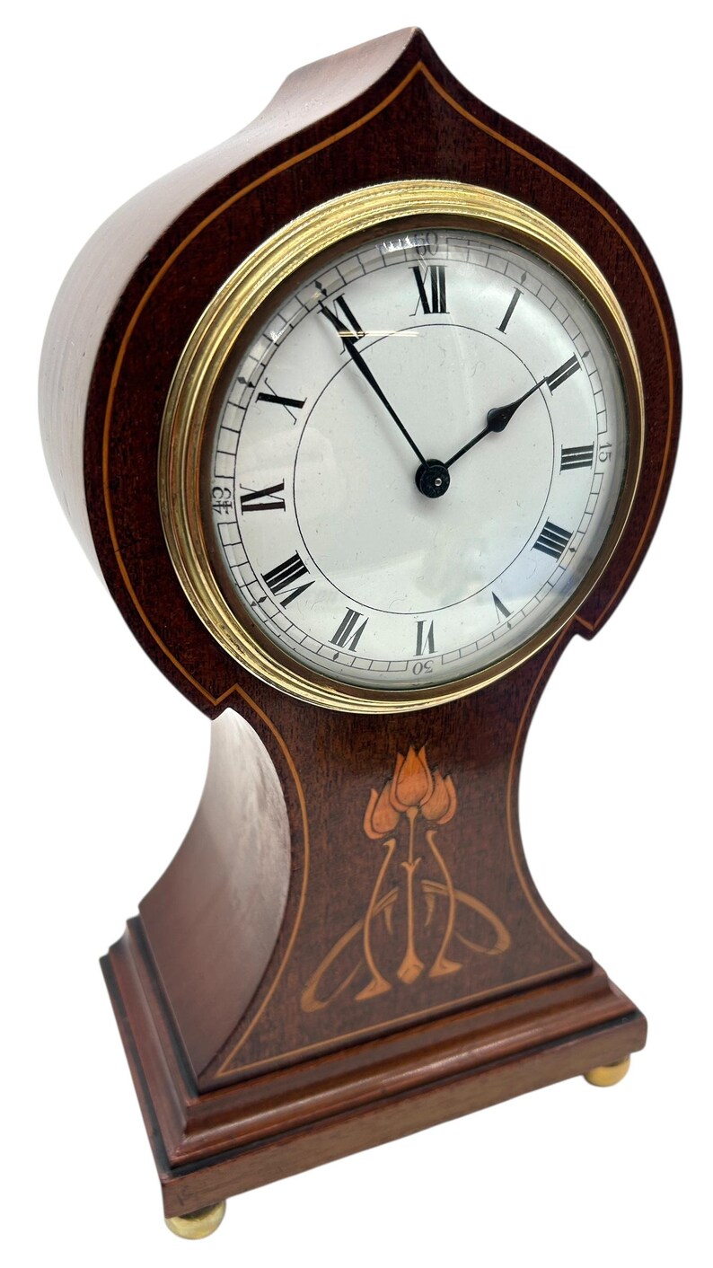 Art Nouveau Tulip Inlaid Mantel Clock – Mahogany French Timepiece With ...