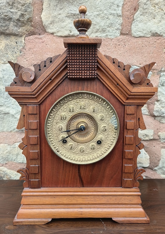 Fine American Walnut Mantel Clock – Antique 8 Day Striking Mantle