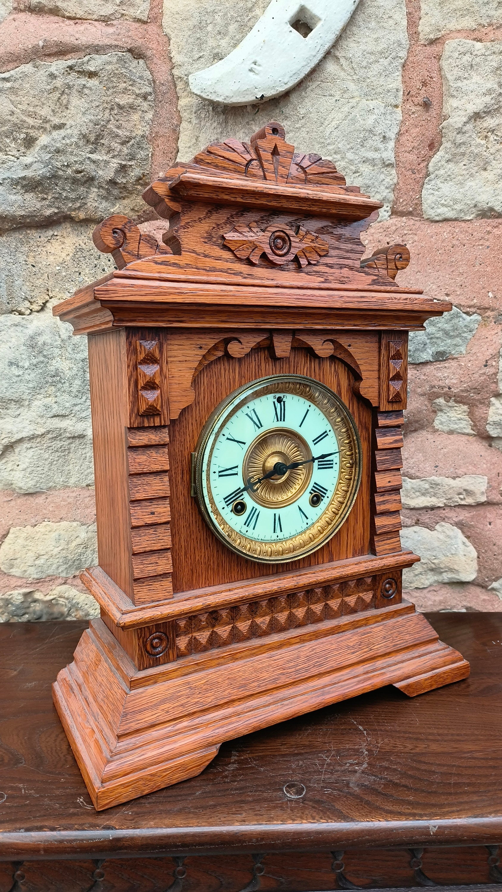 お値下げ☆☆アンティーク時計　Arden's Clock Shop 制作時計 Great Looking Antique Ansonia American Oak Gingerbread Mantel