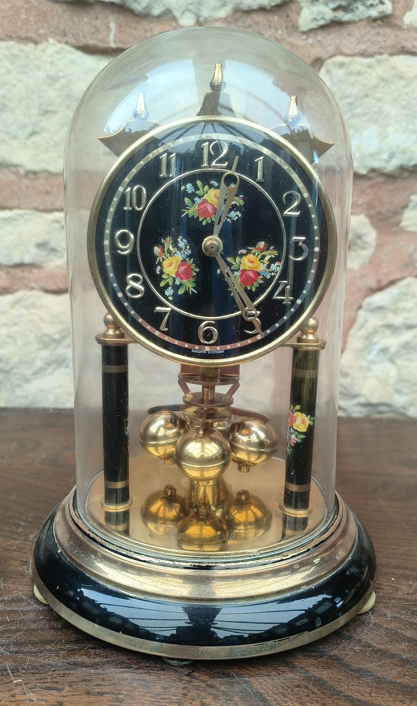 Lovely Vintage Black Floral Dial Torsion Clock - German
