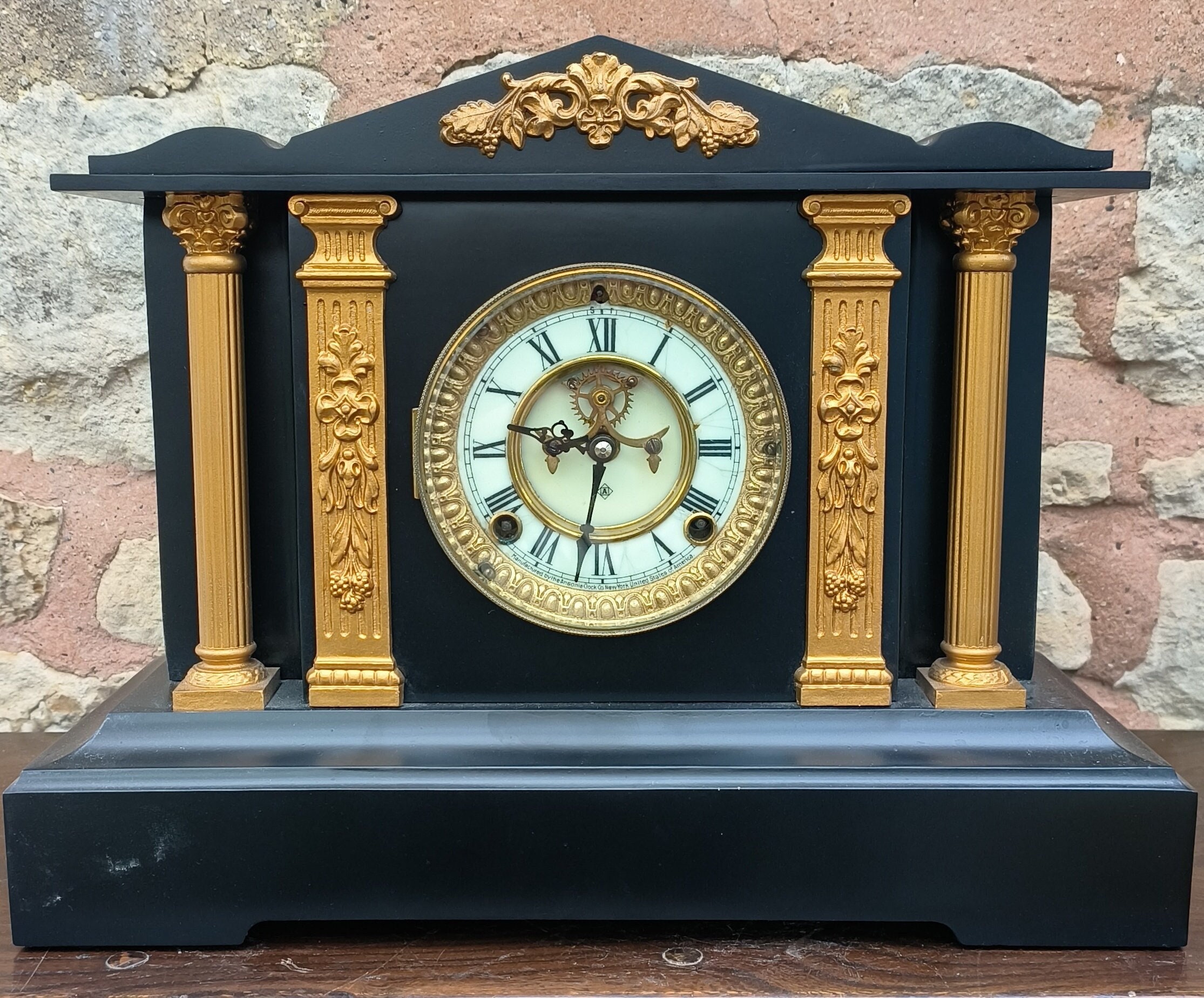 Fabulous Ansonia Antique Architectural Mock Slate Metal Mantel