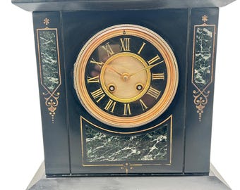 Incredible Large Antique Slate & Green Marble 8-Day Mantel Clock - C1880