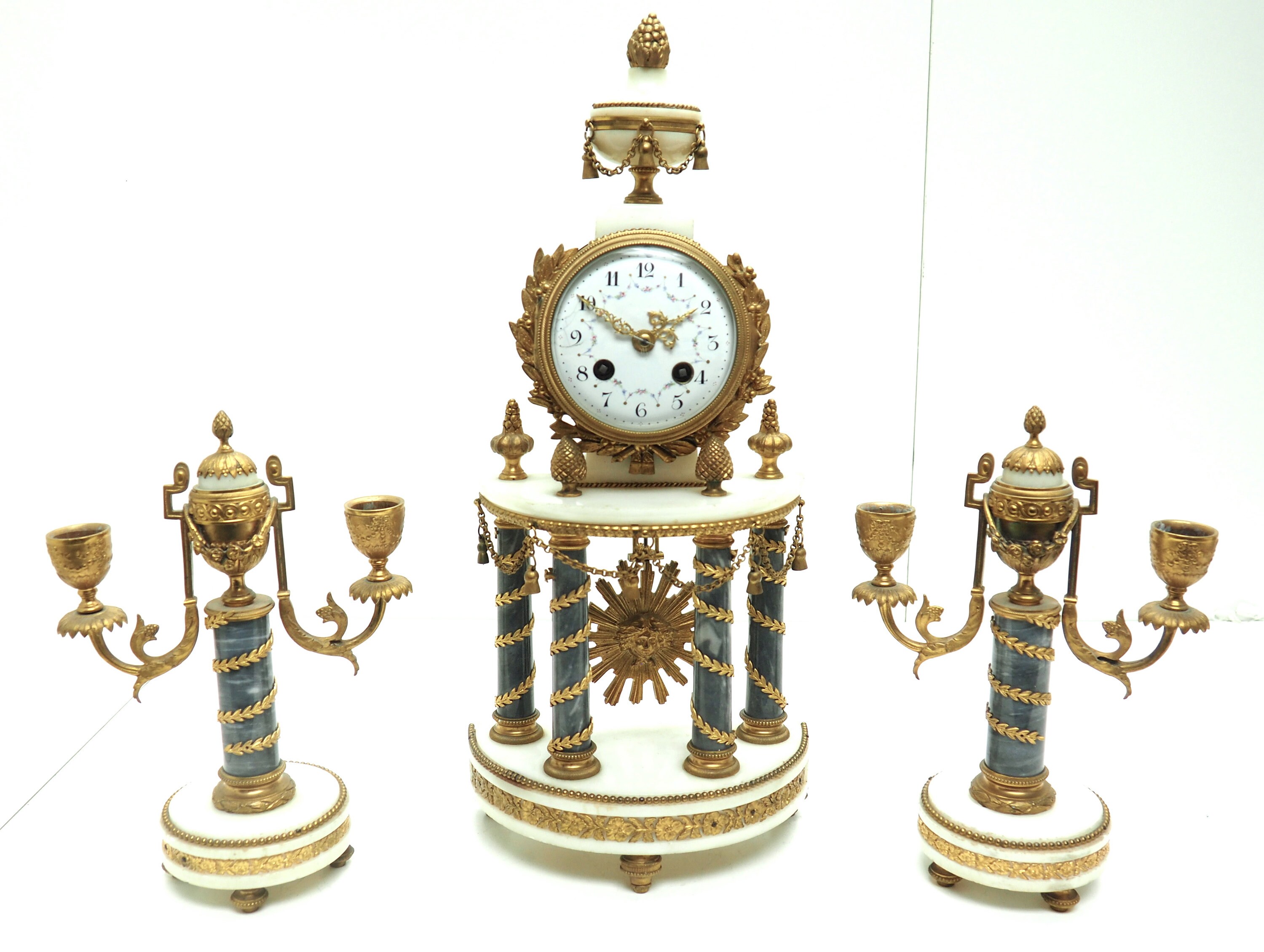 Incredible Antique 8 Day French Ormolu & Marble Mantel Clock Set