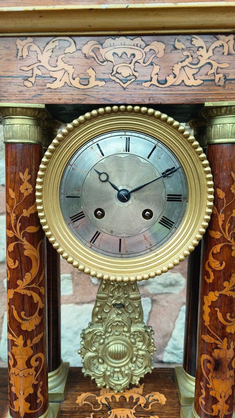 French Inlay Clock Antique French Rosewood & Satinwood Inlaid Marquetry Portico Mantel ...