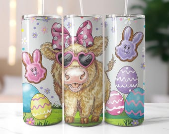 Easter Highland Cow & Bunny Tumbler Wrap | 20oz Skinny Tumbler Sublimation PNG | Cute Easter Cow Digital Download