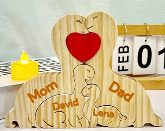 Muttertagsgeschenk, Vatertagsgeschenk, Familien-Umarmungs-Dinosaurier-Puzzle aus Holz, personalisiertes Familienpuzzle, personalisierte Holztiere, 4 Holztiere