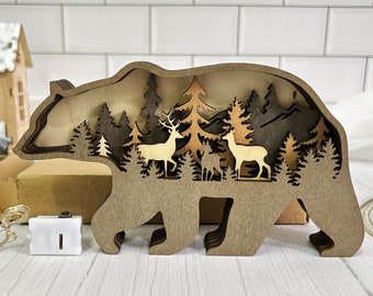 木製動物彫刻、3Dナチュラル動物装飾、木製クマ、デスクトップ装飾、壁