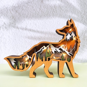 3D Drewniana Dekoracja Zwierzęca Z Oświetleniem, Drewniane Rzeźbione Zwierzęta, Drewniany Lis, Dekoracja Pulpitu, Personalizowane Prezenty, Prezent Urodzinowy, Wystrój Domu