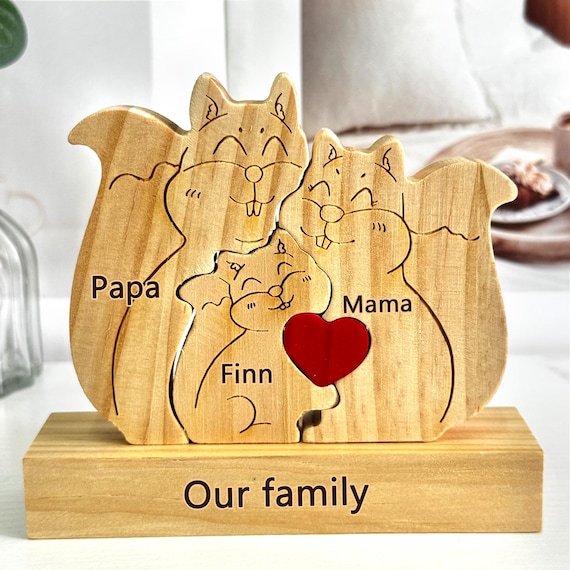Puzzle di famiglia a forma di scoiattolo in legno, puzzle con nome