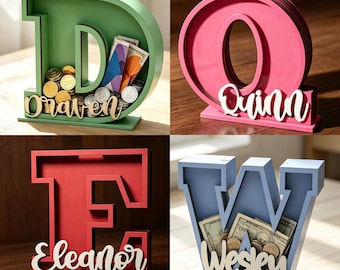 Tirelire en bois personnalisée avec lettre, tirelire alphabet avec prénom, décoration de chambre d'enfant, boîte à économies en bois faite main, tirelire couleur personnalisée