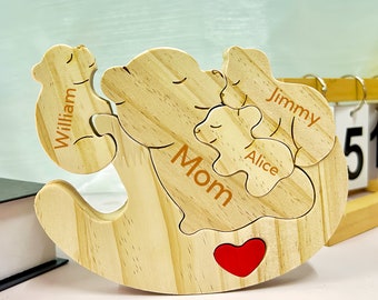 Bären-Familienpuzzle aus Holz, geschnitztes Familiennamen-Puzzle, Familien-Souvenir-Geschenk, Muttertagsgeschenk. Tierfamilie, Bärenfamilienpuzzle aus Holz