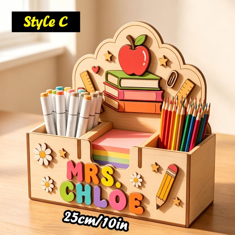 Aangepaste lerarennaam houten pennenbakje, opberger op bureau voor leraren, gepersonaliseerde appelpotloodhouder, cadeau leraar, cadeau klaslokaal Style C