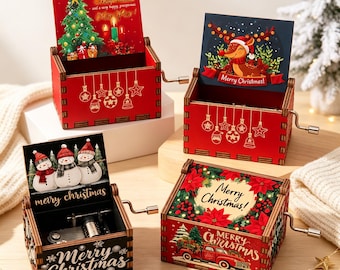 Christmas Wooden Hand Crank Music Box , Vintage Xmas Keepsake Gift, Holiday Decor, Hand Cranked Mechanical Music Box for Stocking Stuffer