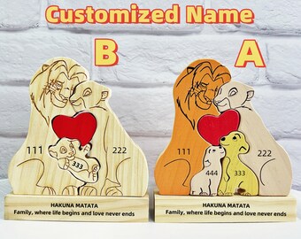 Rompecabezas de león tallado en madera, rompecabezas de todos los miembros de la familia juntos, rompecabezas familiar de león de madera personalizado, decoración del hogar, rompecabezas con nombre personalizado