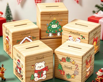 Christmas Custom Name Wooden Savings Box, Personalized Piggy Bank, Festive Wood Coin Cube, Custom Holiday Keepsake, Custom Xmas Gift