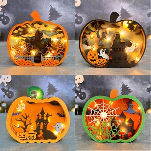 Handmade Halloween Wood Lanterns - 3D Pumpkin,Ghost Scenes,Wooden Halloween Ornaments - 4 Spooky Themes for Festive Decor