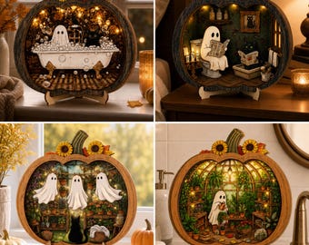Custom Wooden Pumpkin Ghost Scene Sign, Personalized Engraved Halloween Table Decor, Ghost Black Cat Wooden Ornament, Spooky Season Gift