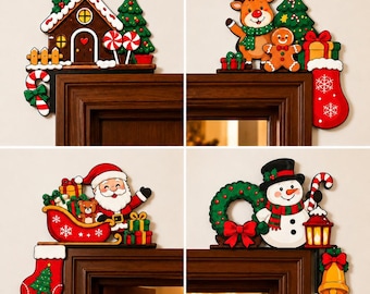 Christmas Door Frame Corner Topper , Wooden Christmas Door Decor, Santa Snowman Reindeer Gingerbread House Ornament, Home Decoration