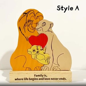 Mother's Day Gift,Wooden Carved Lion Puzzles,All Family Members Together Puzzle, Personalised Wooden Lion Family Jigsaw Puzzle,Home Decor Style A+Base