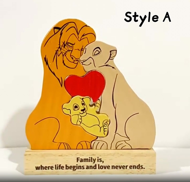 Mother's Day Gift,Wooden Carved Lion Puzzles,All Family Members Together Puzzle, Personalised Wooden Lion Family Jigsaw Puzzle,Home Decor Style A+Base