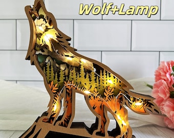 Wooden Carved Wolf/Holiday Decorations,Personalized Gifts For Children,Animal Tabletop Decorations in forest landscapes,Home Decorations