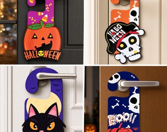 Custom Engravable Halloween Wooden Door Hanger, Spooky Cartoon Door Knob Sign, Halloween Home Decor, Personalized Wood Door Hanger Gift