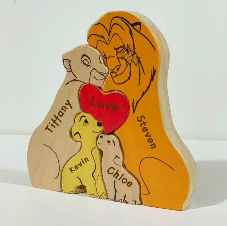 Mother's Day Gift,Wooden Carved Lion Puzzles,All Family Members Together Puzzle, Personalised Wooden Lion Family Jigsaw Puzzle,Home Decor Style A no base