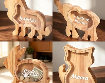 Custom Name Wooden Animal Piggy Bank,  Handmade Wooden Coin Bank, Nursery Room Decor, Handmade Wooden Savings Box, Dinosaur piggy bank