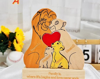 Muttertagsgeschenk, Familien-Löwen-Umarmungspuzzle aus Holz, personalisiertes Familienpuzzle, personalisierte Holztiere, Geschenk für Löwenliebhaber, Vatertagsgeschenk