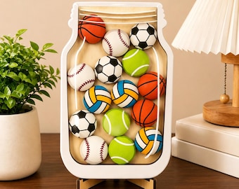 Personalized Sports Reward Jar, Wooden Basketball Soccer Tennis Baseball Volleyball Token Jar, Athlete Kid Coach Gift Sport Incentive Chart