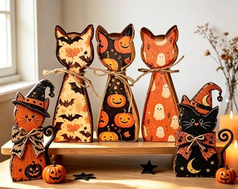 Halloween Wooden Cat Tiered Tray Decor, Farmhouse Cat Shelf Sitter, Table Decor, Spooky Home Decoration, Gift for Cat Lovers