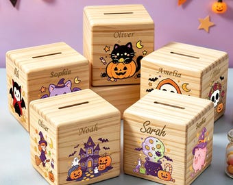 Personalized Halloween Wooden Piggy Bank ,Custom Name Money Box, Spooky Cute Nursery Decor, Halloween Themed Room Decor, Birthday Present
