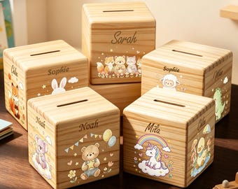 Personalized Wooden Money Bank Custom Name Piggy Bank, Cute Animal Nursery Decor,  Custom Wooden Savings Box, Christmas gift