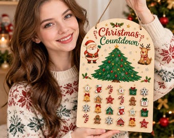 Wooden Christmas Advent Calendar Wall Hanging, Santa Reindeer 24 Days Countdown Calendar With Removable Numbers, 2026 Xmas Home Decor Gift