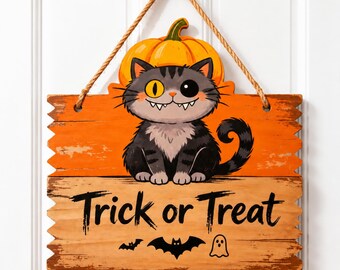 Halloween Cat Pumpkin Wooden Door Hanger, Trick Or Treat Front Porch Sign Fall Farmhouse Decor Spooky Cat Lover Wall Hanging, Cat lover gift