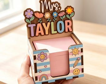 Gepersonaliseerde notitiehouder voor leerkrachten, houten memodispenser met eigen naam, bedankcadeau voor leerkrachten, cadeau voor de start van het schooljaar