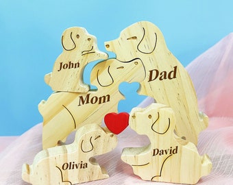 Familienpuzzle Hund aus Holz, Muttertagsgeschenk, Geschenk für Eltern, Geschenk für Kinder, Familien-Souvenirgeschenk, personalisiertes Familiennamenpuzzle aus Holz