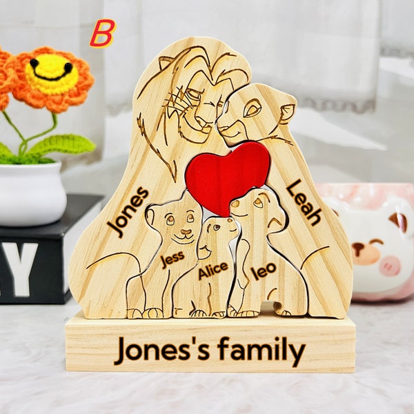 Muttertagsgeschenk, Familien-Löwen-Umarmungspuzzle aus Holz, personalisiertes Familienpuzzle, personalisierte Holztiere, Geschenk für Löwenliebhaber, Vatertagsgeschenk