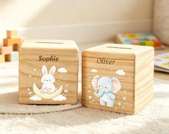 Personalized Wooden Money Bank Custom Name Piggy Bank, Cute Animal Nursery Decor,  Custom Wooden Savings Box, Christmas gift