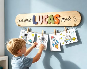 Personalized Kids Art Display Sign Look What Child Made Custom Name Wooden Art Hanger Playroom Nursery Wall Decor Gift for Toddler Boy Girl