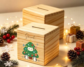 Christmas Custom Name Wooden Savings Box, Personalized Piggy Bank, Festive Wood Coin Cube, Custom Holiday Keepsake, Custom Xmas Gift