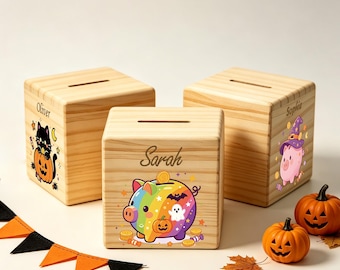 Personalized Halloween Wooden Piggy Bank ,Custom Name Money Box, Spooky Cute Nursery Decor, Halloween Themed Room Decor, Birthday Present