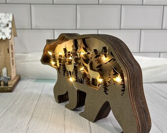 木製動物彫刻、3Dナチュラル動物装飾、木製クマ、デスクトップ装飾、壁