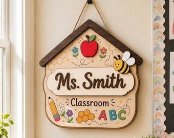 Gepersonaliseerd houten deurbordje voor de leerkracht, naamplaatje met bijen en appels, cadeau voor de leerkracht aan het begin van het schooljaar, bedankje voor de leerkracht