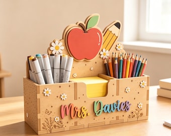 Portapenne in legno personalizzato con il nome dell'insegnante, organizer da scrivania per insegnanti, porta Apple Pencil personalizzato, regalo per insegnanti, regalo per l'arredamento della classe