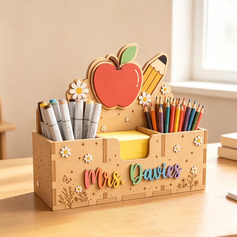 Op de afbeelding: Een houten bureau-organizer met een rode appel en een geel potlood, versierd met witte madeliefjes en sterren. De voorkant toont de tekst Mrs. Davies in kleurrijke letters. Het bevat diverse stiften, kleurpotloden en gele memoblaadjes.