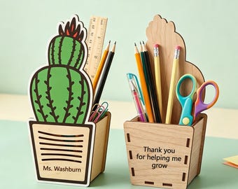Gepersonaliseerde houten pennenhouder in cactusvorm, bureau-organizer voor leerkrachten, pennenbakje met gegraveerde naam, bedankje voor de leerkracht, cadeau voor de start van het schooljaar